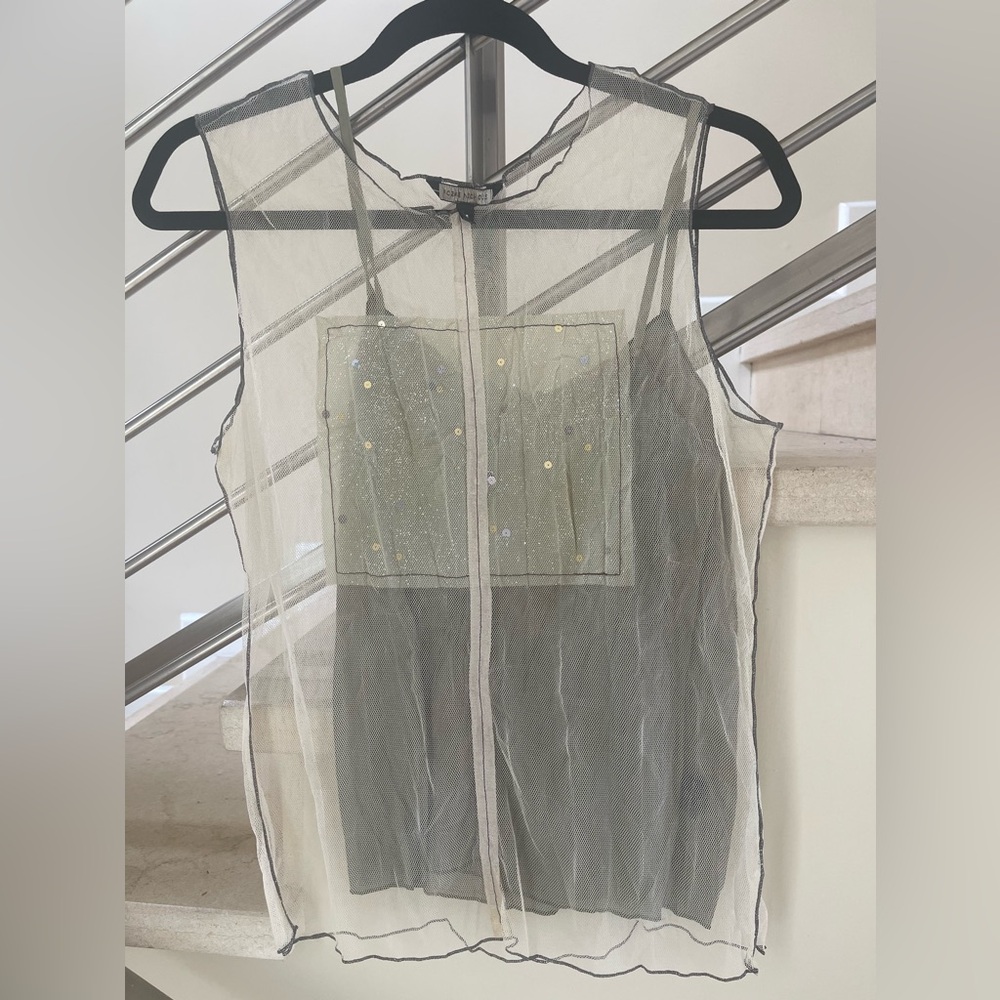 Vintage Rozae Nichols Gray and cream Sleeveless Top with Sequin Detail